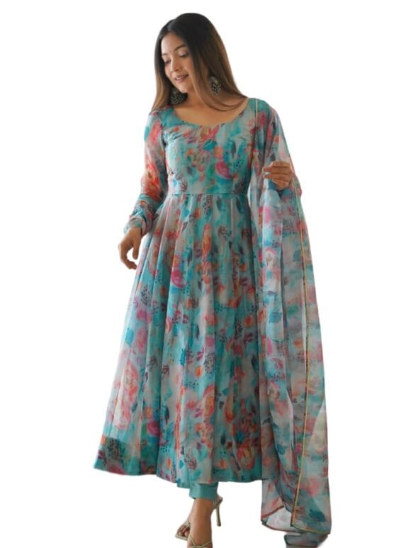 ROYALICA Women's Gown with Tabby Organza Silk Fabric Fully Flared Kali Pattern with Duppatta & Pant Ready to wear (XX-Large, Blue)