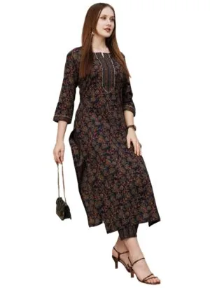 Women's Cotton Blend Printed Straight Kurta with Pant