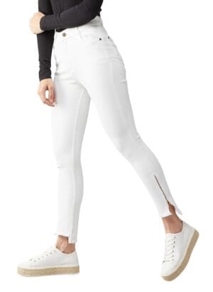 Miss Chase Women's White Skinny Fit High Rise Side Slit Raw Edge Detailing Cropped Stretchable Denim Jeans