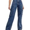Glossia Fashion High Waist Cargo Denim Jeans for Women Wide Leg Stretchable Straight Fit Jeans(WJ1-1215-$)