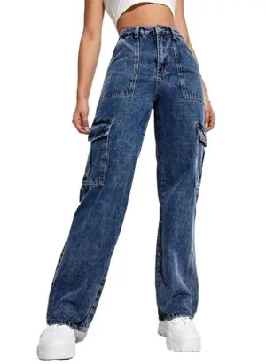Glossia Fashion High Waist Cargo Denim Jeans for Women Wide Leg Stretchable Straight Fit Jeans(WJ1-1215-$)