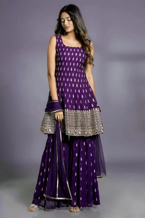 Women's Embroiderd Work Navyblue Color Weding Wear Anarkali Kurta Sharara Set - Image 2