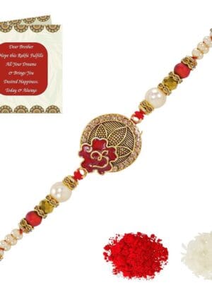 Riddhika Ventures Glorious Gold Plated Om and Diamond Ring Rakhi (Bracelet) with Roli Chawal and Greeting Card