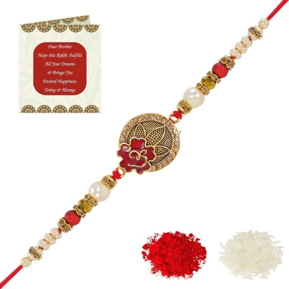 Riddhika Ventures Glorious Gold Plated Om and Diamond Ring Rakhi (Bracelet) with Roli Chawal and Greeting Card