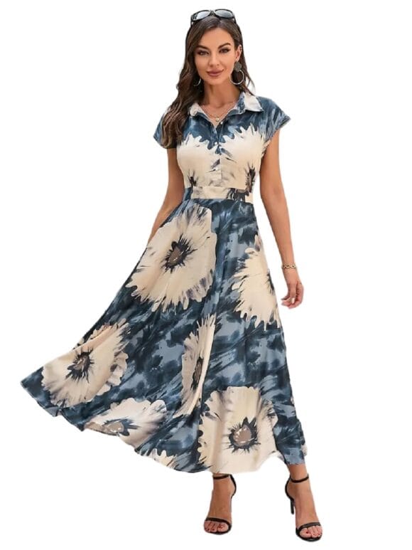 Bollyclues Women's Cotton Fit and Flare Printed Cap Sleeve Coller-Neck Casual Maxi Dress(MX-02)