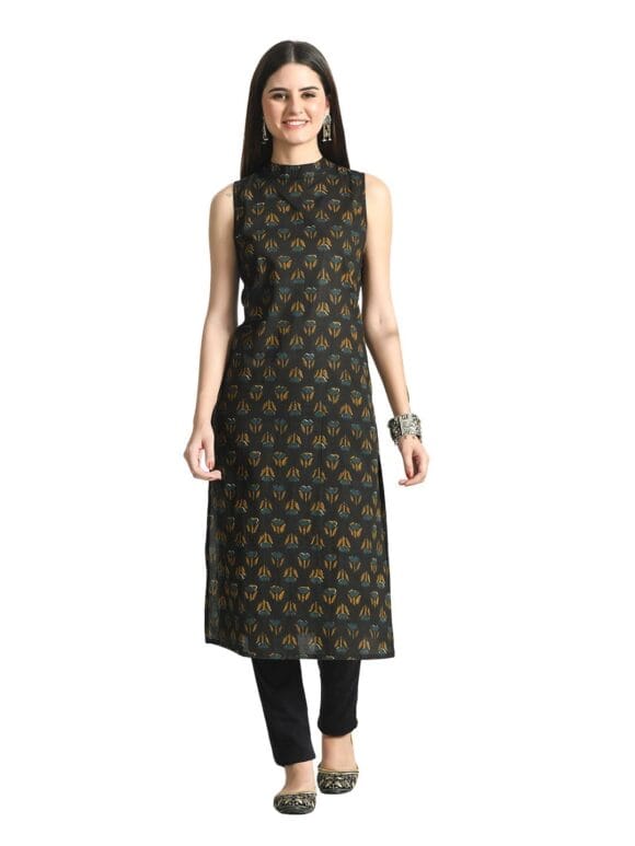 feranoid Unique Printed Choker Sleeveless Long Straigh Kurti