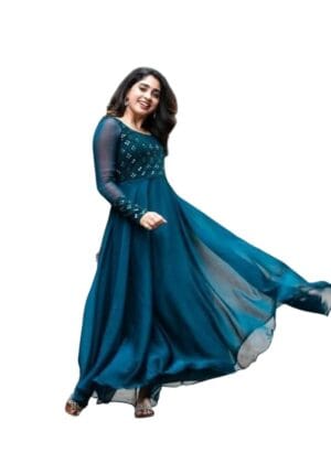 Durolane Women's Embroidered & Mirror Work Georgette Round Neck Full Sleeve Gown (D_S_M_900161)
