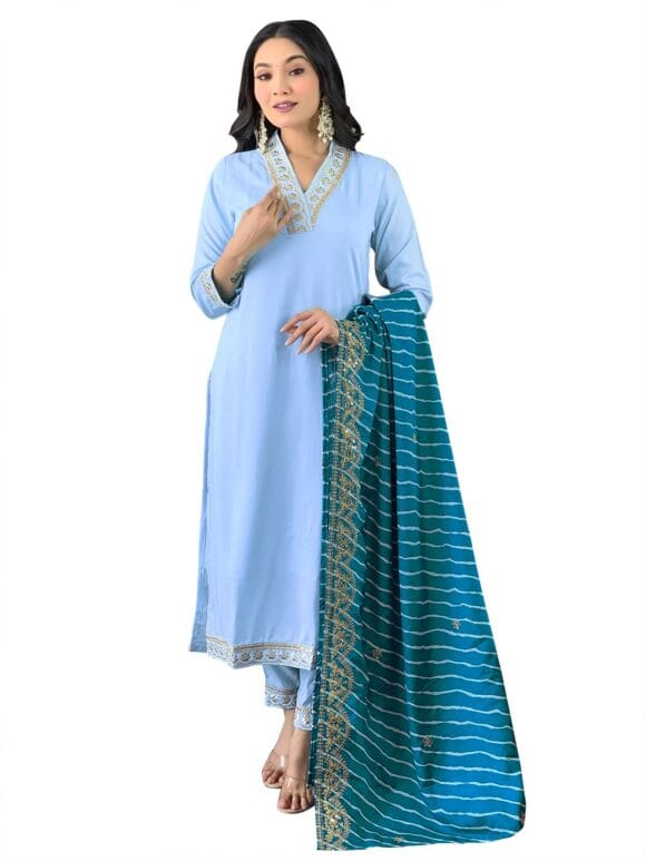 Naixa Women's BSY Viscose Embroidered Straight Kurta with BSY Viscose Pant and Silk Blend Laced Dupatta Sets
