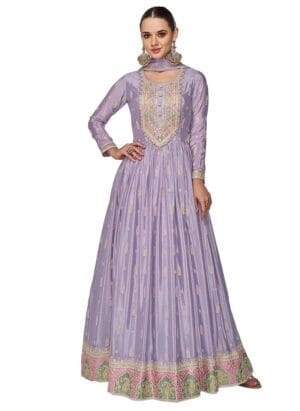 Miss Ethnik Women's Purple Chinon Stitched Top with Dupatta Full Sleeve Embroidered Anarkali Gown (ME-1179)
