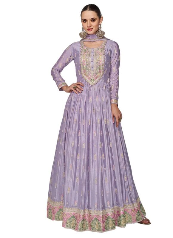 Miss Ethnik Women's Purple Chinon Stitched Top with Dupatta Full Sleeve Embroidered Anarkali Gown (ME-1179)