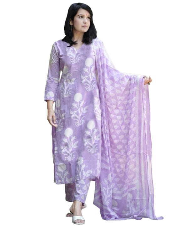 Women's Cotton Blend Printed Straight Kurta with Pant & Dupatta
