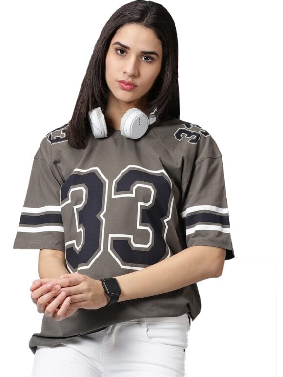 Pure Cotton V-Neck Numeric Printed Loose Fit T-Shirt for Womens/Girls