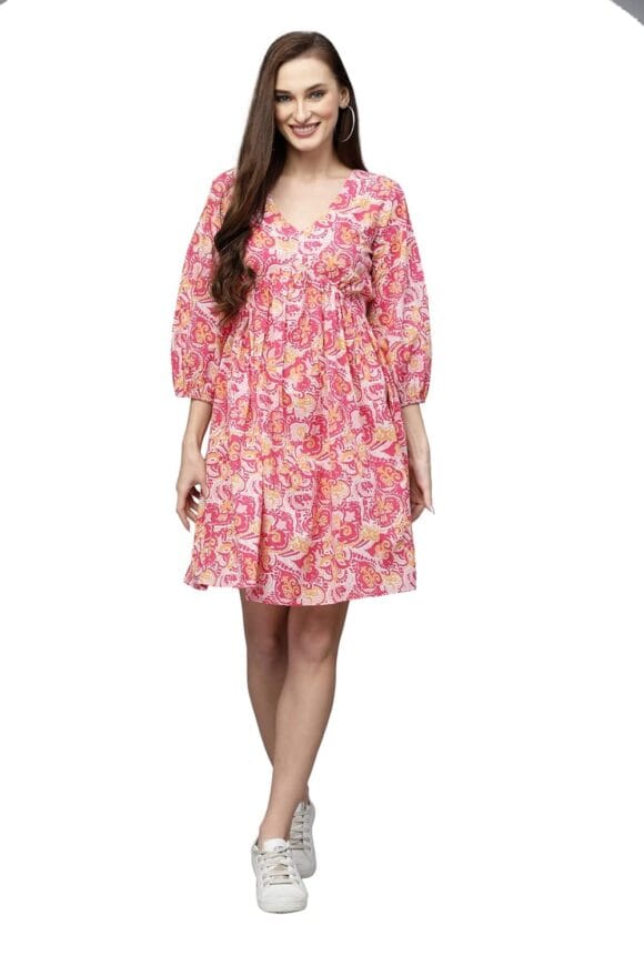 Stylum Women's Floral Printed Cotton Flared Knee Length Dress