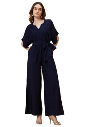 Globus Women Round Neck With V Cut & Kimono Sleeves Waist Tie-Up Longline Jumpsuit