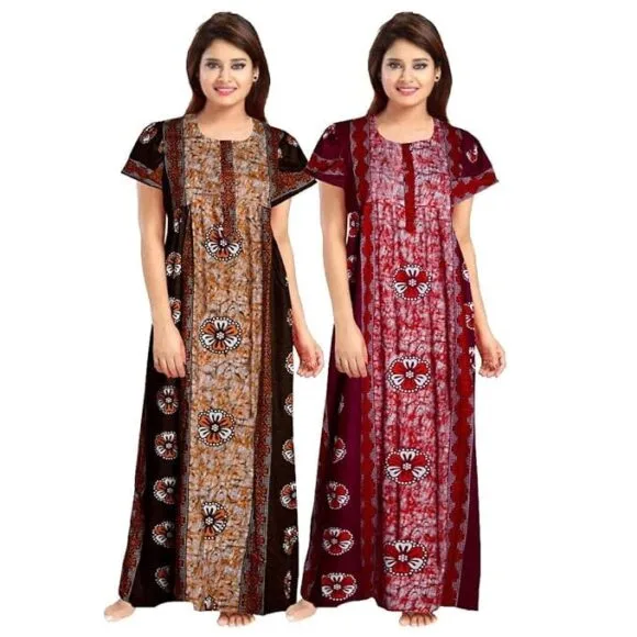YUKATA Nighty for Women Cotton Printed Maxi Gown Ankle Length Nighty Night Dress Gown for Women Maxi - Free Size (Pack of 2)