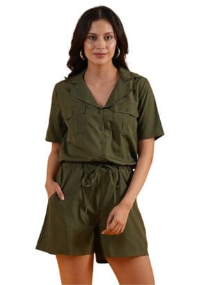 Globus Women Notched Lapel Waist Tie-Ups Cargo Pocket Utility Playsuit