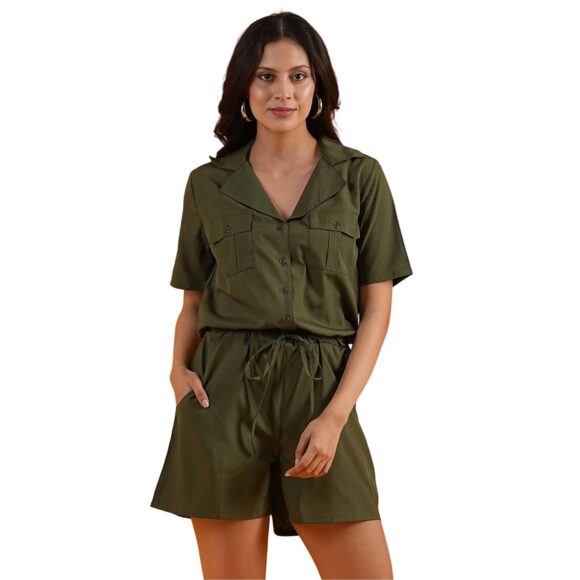 Globus Women Notched Lapel Waist Tie-Ups Cargo Pocket Utility Playsuit