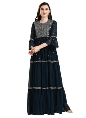 madhuram textiles Women's Fox Georgette with Sequence Embroidery Lace Work Anarkali Long Gown(M-2355 Blue)