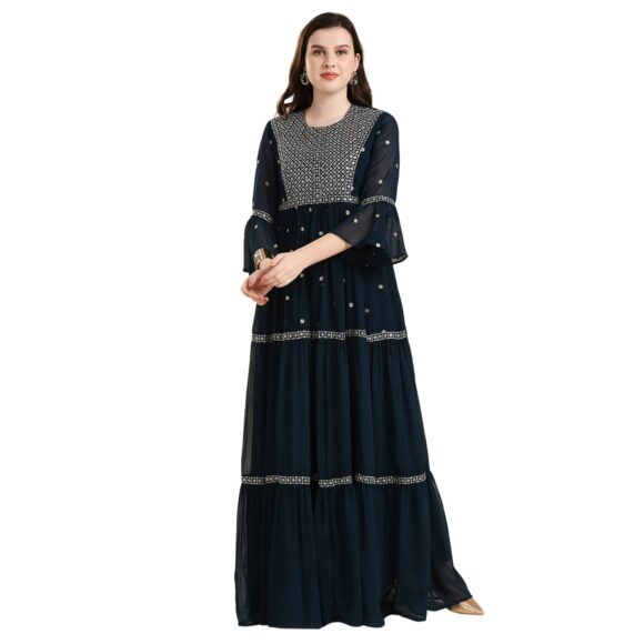 madhuram textiles Women's Fox Georgette with Sequence Embroidery Lace Work Anarkali Long Gown(M-2355 Blue)