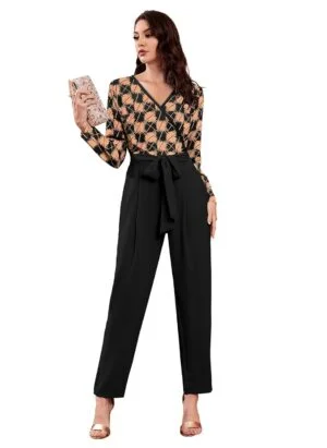 Printed Long Sleeve Maxi Jumpsuit with Tie Belt
