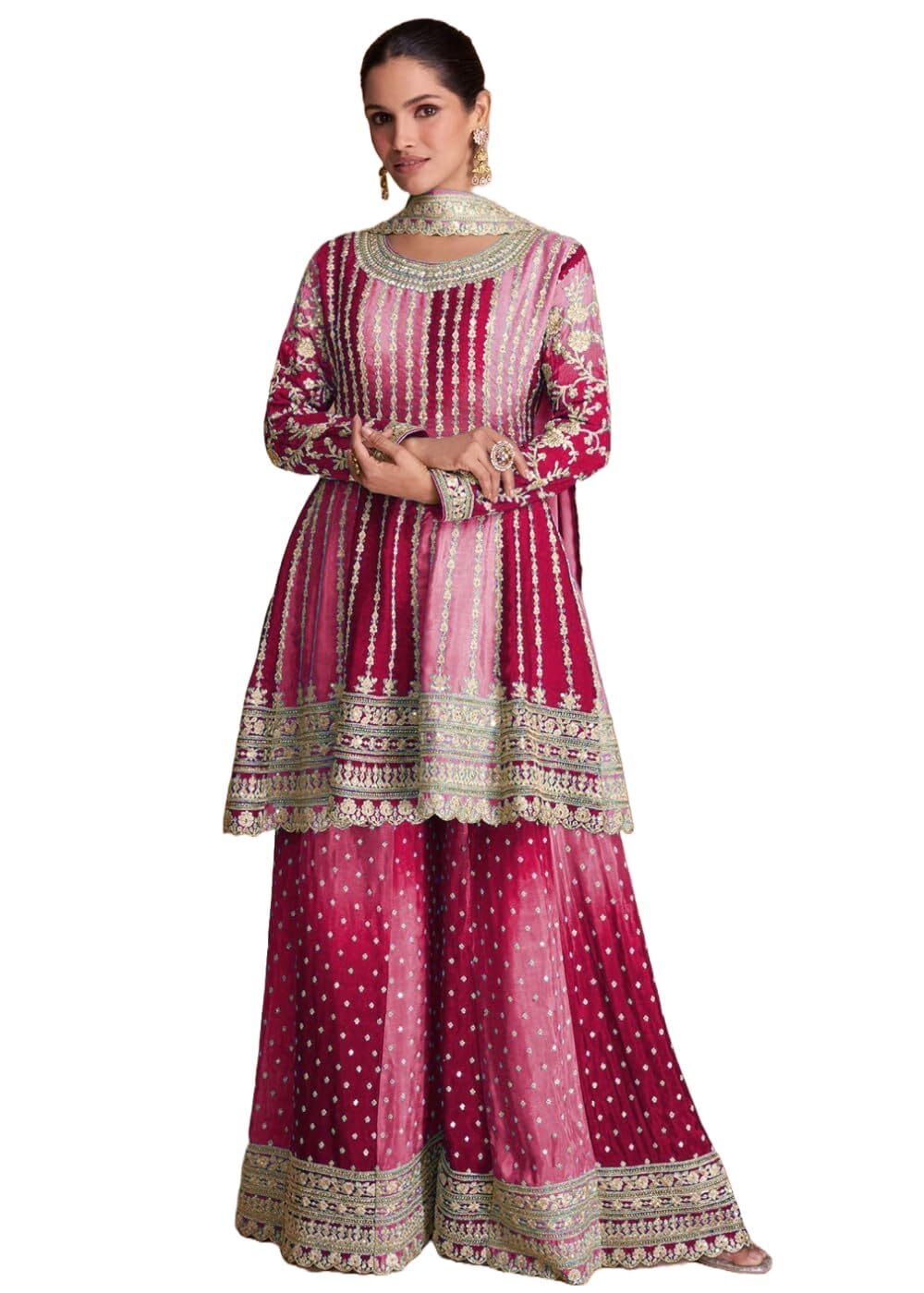 Miss Ethnik Dual Tone Strip Chinon Heavy Embroidered Stitched Sharara Suit Set With Dupatta (ME-1129)