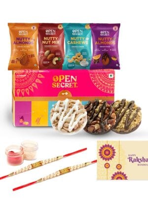 Open Secret Rakhi Gift for Brother | Combo of 8 | Rakhi for Brother, Rakhi Gift for Sister, Rakhi Hamper for Brother, Rakhi for Brother Combo, Dry Fruits, Cookies, Rakhi, Card & Roli Chawal Tilak Set