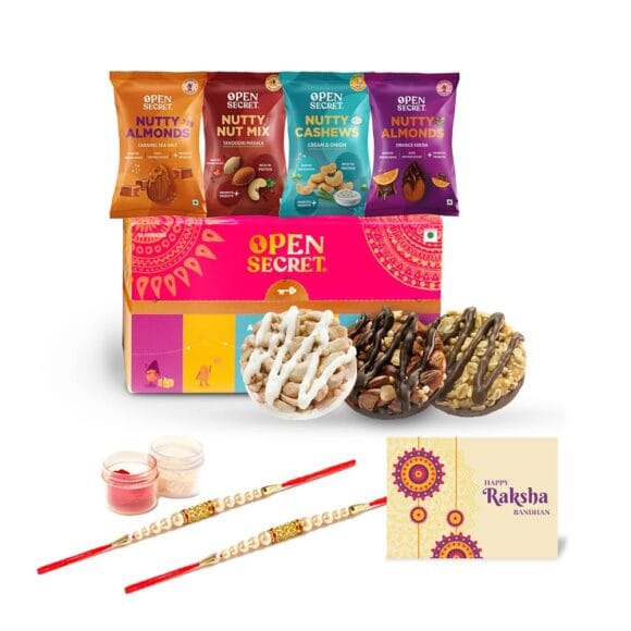 Open Secret Rakhi Gift for Brother | Combo of 8 | Rakhi for Brother, Rakhi Gift for Sister, Rakhi Hamper for Brother, Rakhi for Brother Combo, Dry Fruits, Cookies, Rakhi, Card & Roli Chawal Tilak Set