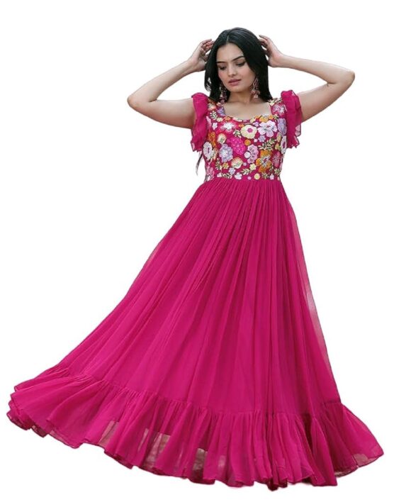 Standard Generic LAZZLY Womens Faux Georgette Sequence Embroidered Ankle Length Anarkali Gown