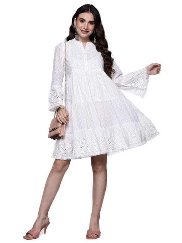 INDO ERA Women's White Embroidered A-Line Ethnic Mid-Thigh Length Dress (Ed0Wh8797)