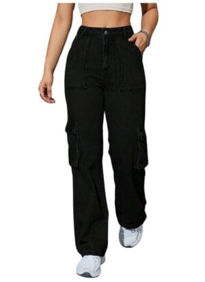 NUCOUTHS Women Cargo Flap Pocket Denim Stretchable Black Jeans (6POCKET_Black_C)