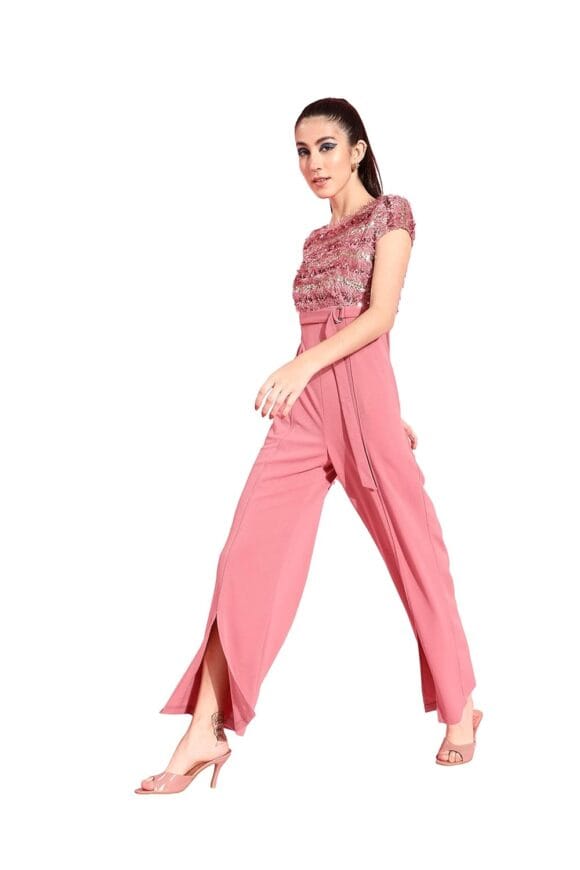 Women's Round Neck Short Sleeve Embellished Front Slit Fringed Regular Jumpsuit with Pockets
