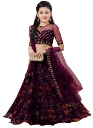 Femisha Creation Girl's Lehenga Choli Ethnic Wear Printed Semi-Stitch Net Lehenga Choli