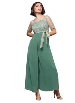 Miss Chase Women's Square Neck Raglan Sleeve Solid Embroidered Regular Jumpsuit