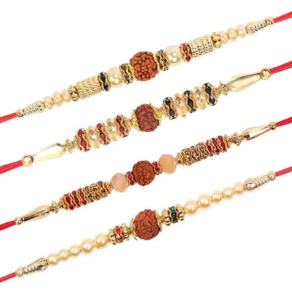 Ventures Brown Rudraksh & Pearl Rakhi (Set of 4) with Roli Chawal & Greeting Card (H1Q1W1Y1)