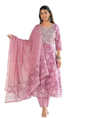 Cotton Printed Anarkali Kurta with Palazzo Pants and Dupatta Set