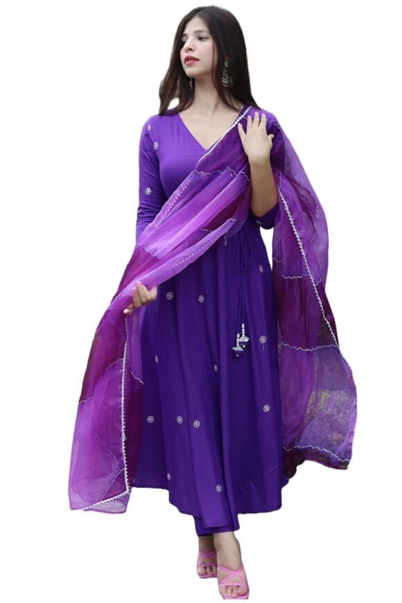 Women's Cotton Blend Anarkali Embroidered Kurta with Pant & Dupatta