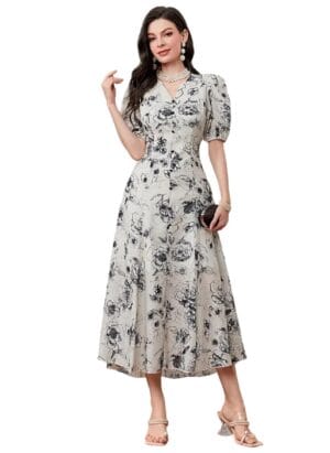 Bollyclues Women's Cotton Fit and Flare Printed Cap Sleeve V-Neck Casual Maxi Dress(MX-01)
