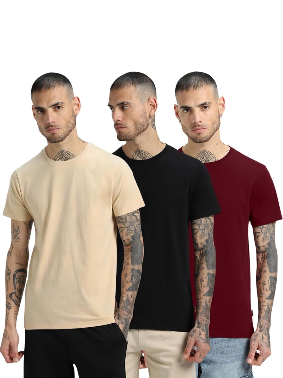 Veirdo® Pure Cotton Regular Fit Half Sleeve Solid Round Neck Multicolor T-Shirt for Men (Pack of 3)