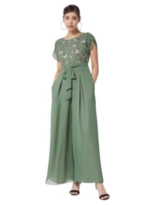 Miss Chase Women's Round Neck Tulip Sleeve Embroidered Pleated Regular Jumpsuit with Pockets