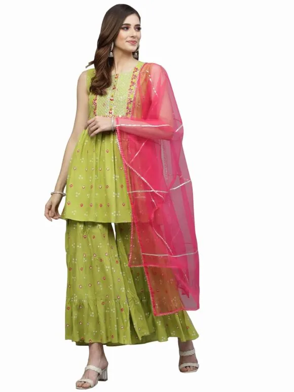 Bandhej Printed & Embroidered Rayon Kurti Sharara Dupatta Set