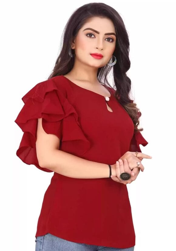 and Latest Women's Casual Short Sleeves Round Neck Foral Tops for Ladies & Girls Western Short Top with Ruffled Sleeves Tshirt Design