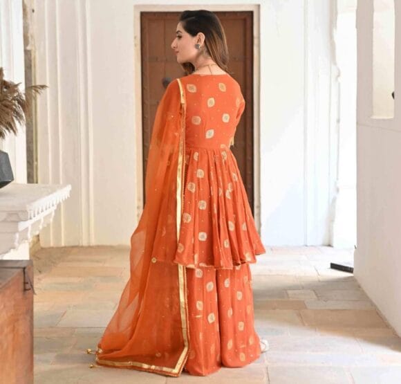 Cotton Blend Gold Printed Kurta Sharara with Chiffon Dupatta Set - Image 4