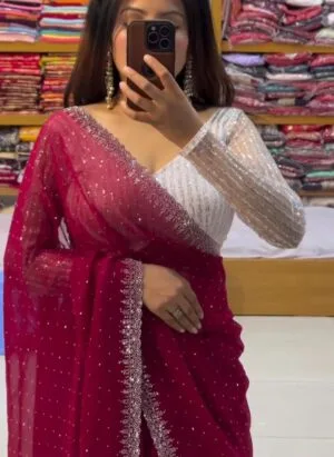 HMP Fashion Womens New Latest Georgette Hot Fixing Swaroski Stone Work Designer Saree with Fancy Blouse | Sarees For Womens & girls