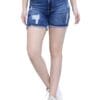 FireAge Washed Stretchable Denim Mild Faded Hole Thread Distressed Unstiched Hem Shorts for Women