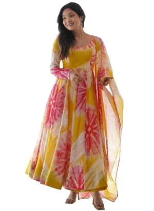 Floral Printed Ankle Length Full Sleeve Stylish Georgette Anarkali Gown Dress with Dupatta,Yellow