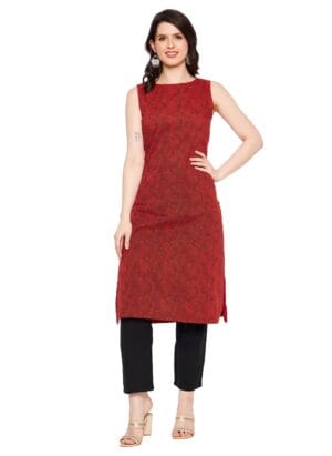 Rangavali Cotton Sleeveless Kurta | Readymade Outfit Cotton Kurti for Women | Dress for Ladies | Printed 1 Pcs | Rust