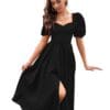 TESSAVEGAS Women's A-line Midi & Maxi Sweetheart Neck and Square Back with Leg Spilt Cut and Puff Sleeve Dress