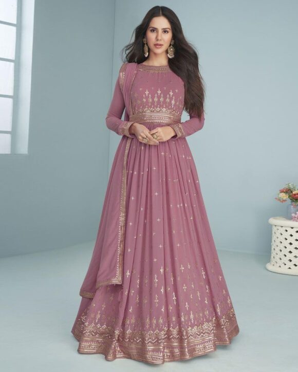 Standard Generic Lavender Pink Georgette Gown with Dupatta Set by Omkar Textile, Ready to Wear Indian Anarkali for Wedding, Evening or Party, Ethnic etc.