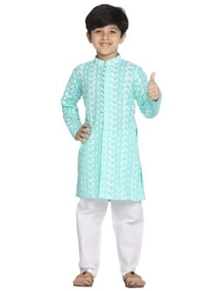 VASTRAMAY Boys Pure Cotton Kurta Pyjama Set - Ethnic Elegance for Festivals | Comfortable Classic Lukhnowi Chikankari Embroidery Kurta With Pyjama for Kids