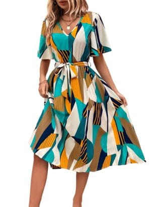 OTABU | Women A-line Dress with Pleats, has an V-Neck, Printed Top Comes with a Belt